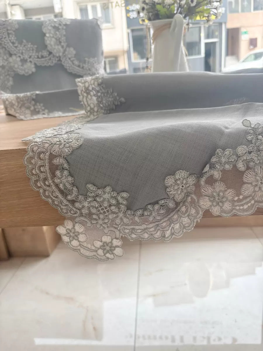 5 Parça Gri Firuze Model Keten Dantelli Masa Örtüsü Runner Seti Çeyizlik Salon Takımı