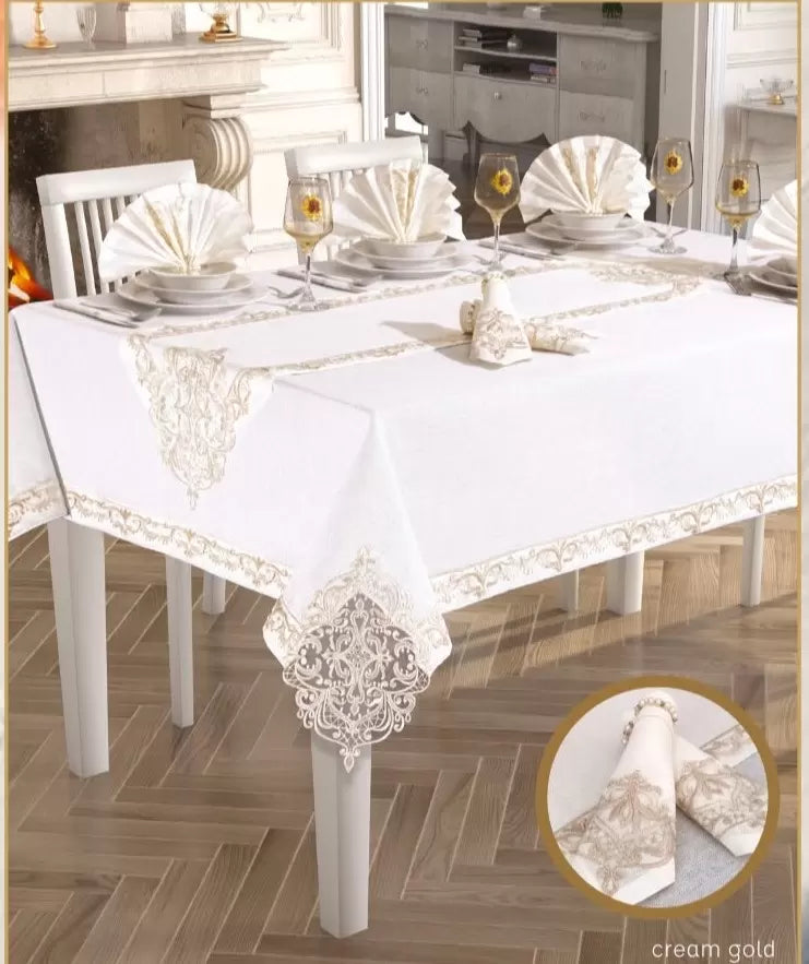 26 Parça Elegant Linen Krem-Gold 12 Kişilik Şık Çeyizlik Masa Takımı 160 × 260 cm Runner
