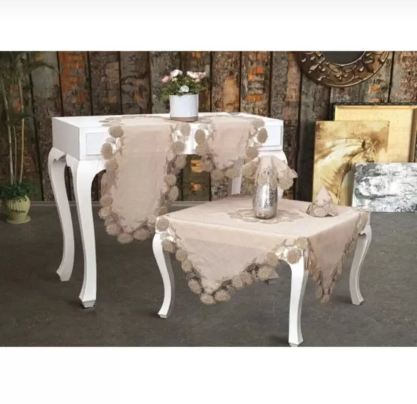 Salon Takımı Flowers Model Kapiçino 5 Parça Keten Dantelli Runner Seti No 9964
