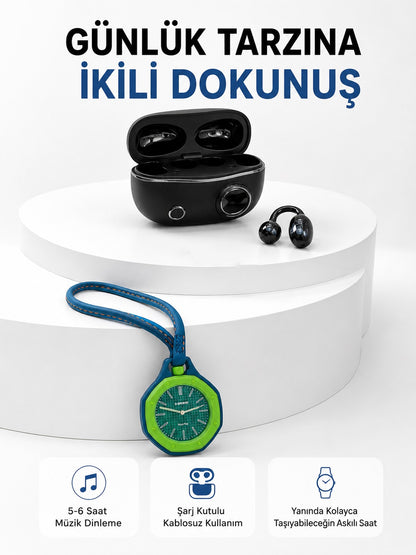 Şarj Kutulu Kablosuz Kulaklık ve Yeşil Askılı Analog Çanta Saati Avantajlı İkili Set