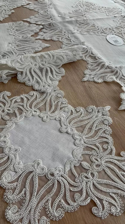 Salon Takımı Çeyizlik Krem Runner Set 5 Parça Keten Ranır Masa Konsol Sehpa Örtüsü Gülseda