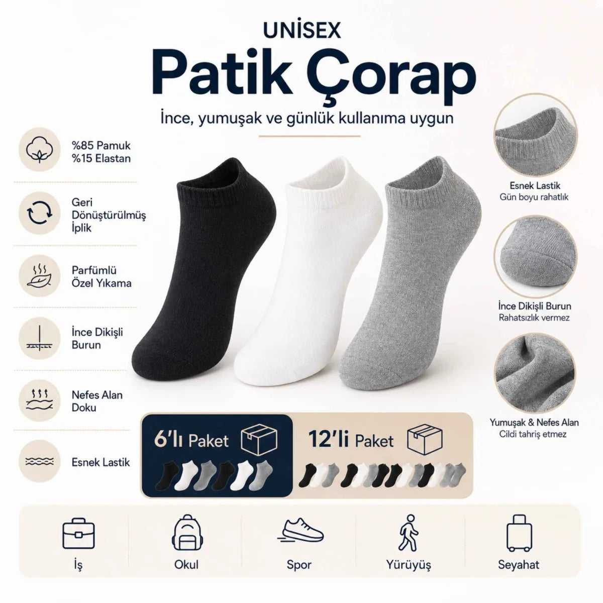 Unisex Dikişsiz Kısa Konç 12'li Patik Çorap, %85 Pamuklu Geri Dönüştürülmüş İplik, Parfümlü, Siyah Beyaz Gri, Yumuşak Nefes Alan Günlük Spor Çorabı