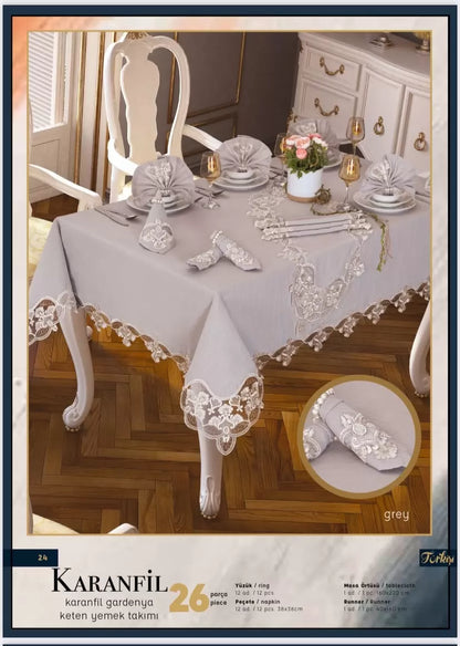 Gardenya Keten Karanfil Gri 26 Parça 12 Kişilik160 × 260 cm Masa Takımı