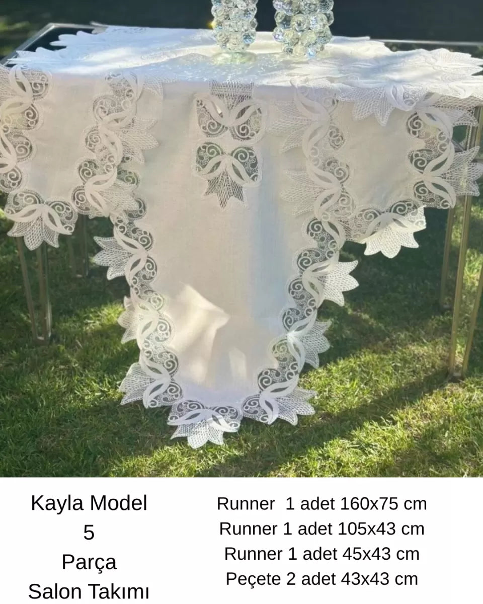 Çeyizlik Kayla Model Krem-Krem 5 Parça Keten Runner Seti Masa Örtüsü No 2323