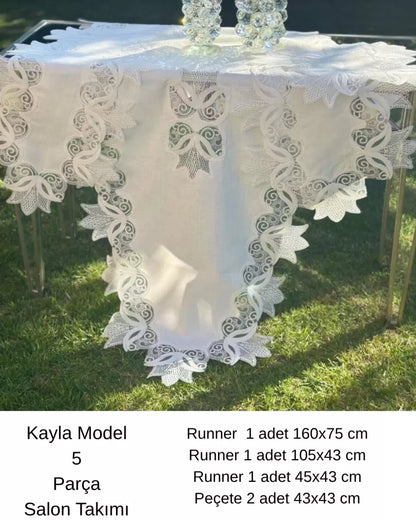 Çeyizlik Kayla Model Krem-Krem 5 Parça Keten Runner Seti Masa Örtüsü No 2323