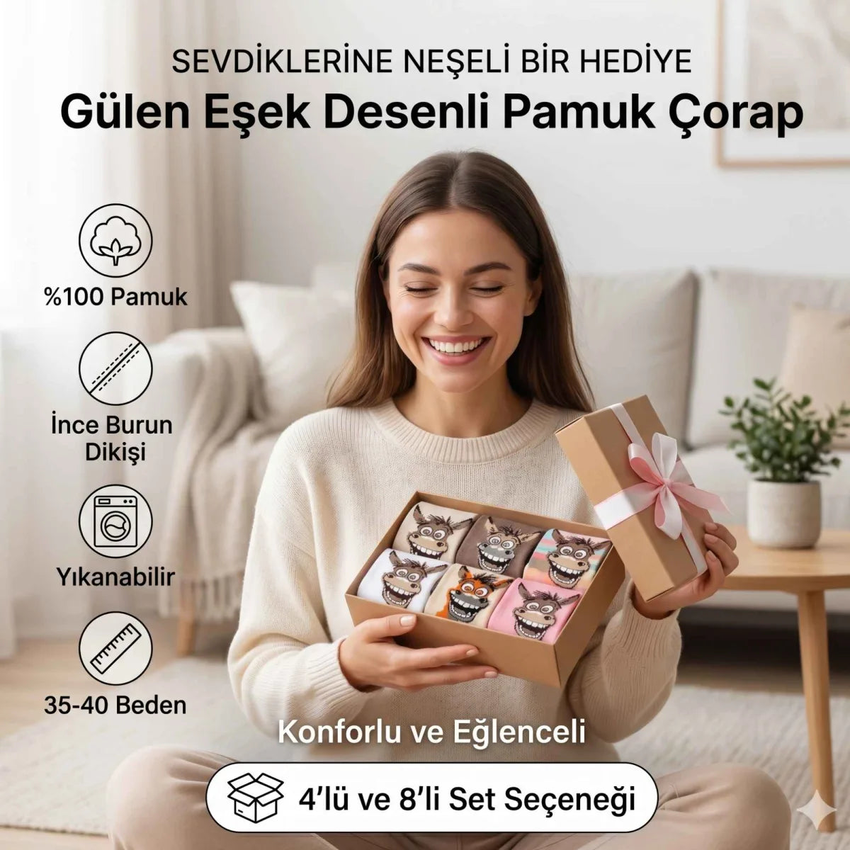 Kadın Gülen Eşek Desenli Çorap 4'lü - Pamuklu, Eğlenceli ve Yumuşak Soket Çorap 36-40
