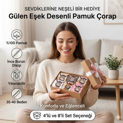 Kadın Gülen Eşek Desenli Çorap 4'lü - Pamuklu, Eğlenceli ve Yumuşak Soket Çorap 36-40