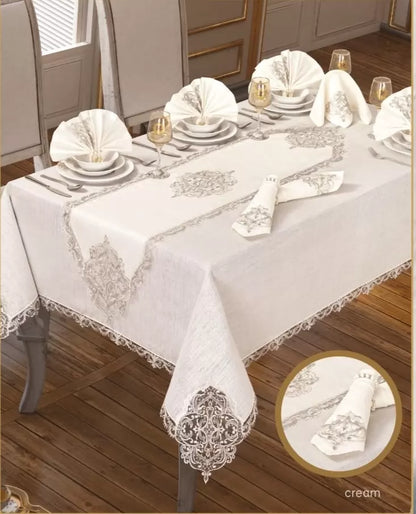 26 Parça Elegant Linen Krem-Gold 12 Kişilik 160 × 260 cm Masa Takımı
