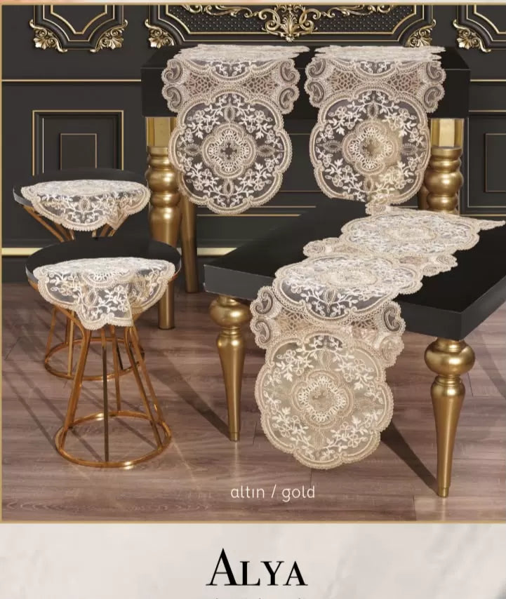 5 Parça Alya Gold Dantelli Salon Takımı Runner Masa Örtüsü Modern Tasarım