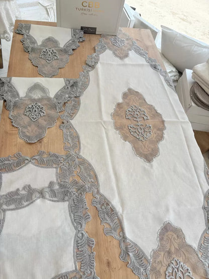 Salon Takımı Çeyizlik Krem Gri Runner Set 5 Parça Keten Masa Örtüsü Runneri Evalina