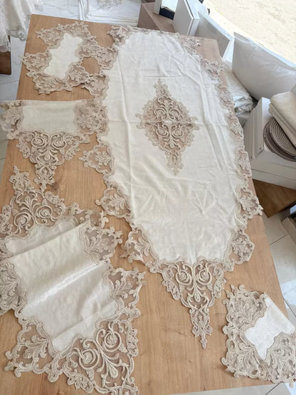 Salon Takımı Çeyizlik Krem Runner Set 5 Parça Kadife Masa Örtüsü Runneri Eva