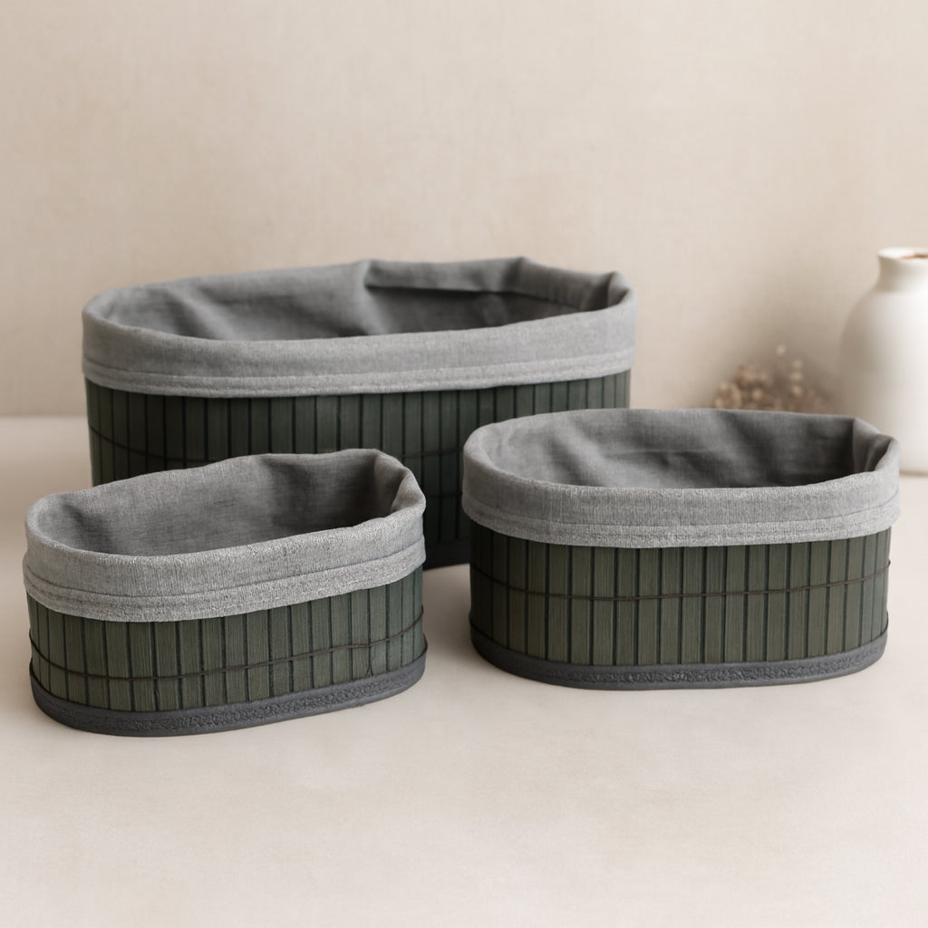 Oval Bambu Kenarlı 3lü Organizer Sepet Seti - Gri