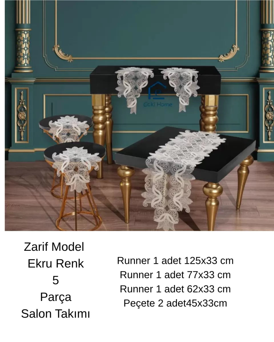 Zarif Model Krem Dantelli Masa Örtüsü Runner Seti Çeyizlik Salon Takımı 5 Parça