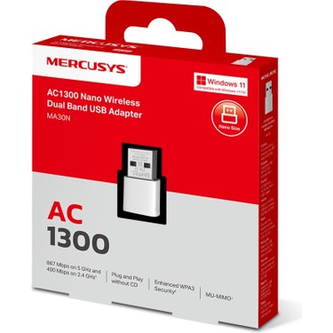 Mercusys MA30N | AC1300 Mbps Dual?Band Wi?Fi 5 Nano USB Adaptör | MU?MIMO | Tak & Çalıştır