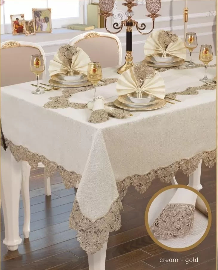 El İşi Angles Flora 17 Parça 8 Kişilik165 × 265 cm Runner Krem-Gold Şık Çeyizlik Masa Takımı