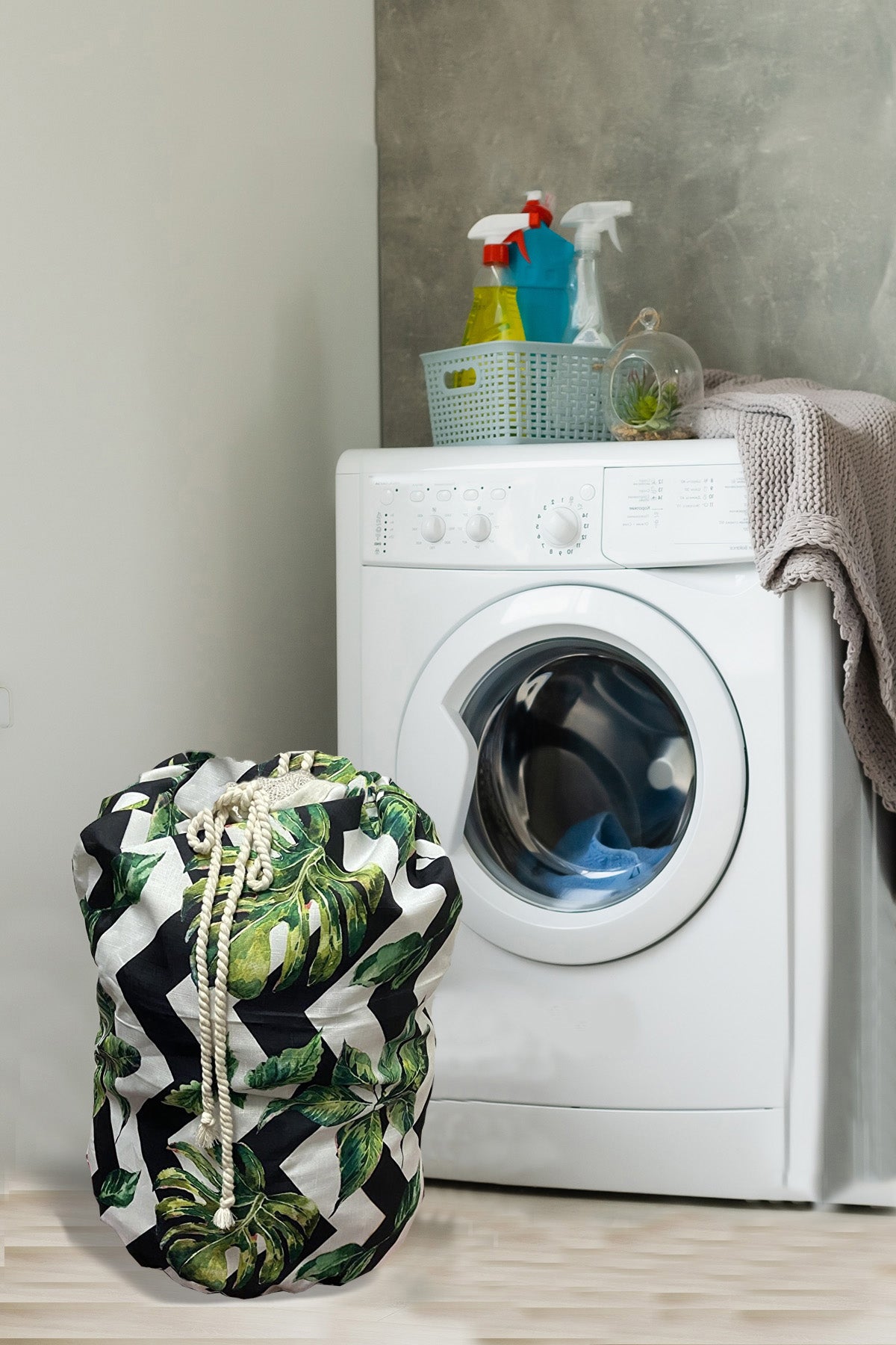 Çamaşır Torbası ASTARSIZ, Kirli Banyo Torbası, Düzenleyici Torba - Yeşil Yapraklı