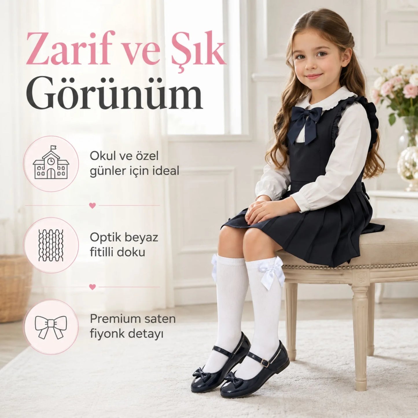 Kız Çocuk Beyaz Kurdeleli Diz Altı Çorap, Pamuklu Okul Bale ve Özel Gün Çorabı
