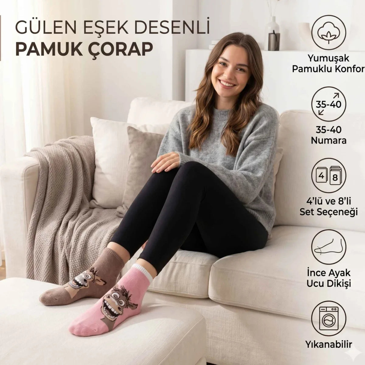 Kadın Gülen Eşek Desenli Çorap 4'lü - Pamuklu, Eğlenceli ve Yumuşak Soket Çorap 36-40