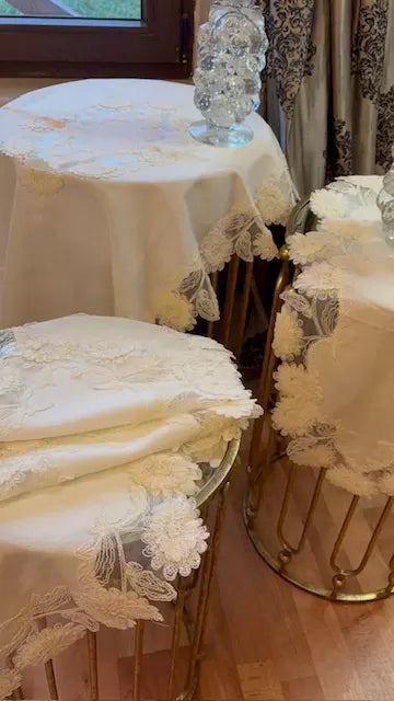 Flowers Model Gri 5 Parça Keten Dantelli Masa Örtüsü Runner Seti Dekoratif Salon Takımı