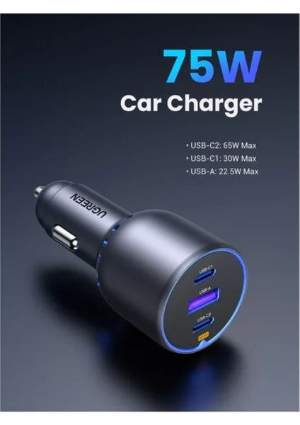 Araç İçi 75W 3 Portlu Şarj Cihazı, Çakmaklık Adaptörü