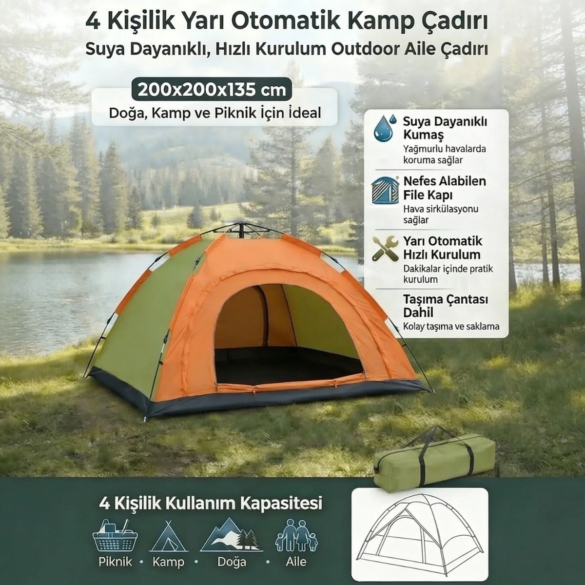 BUFFER® 4 Kişilik Yarı Otomatik Kamp Çadırı – Suya Dayanıklı, Hızlı Kurulumlu Outdoor Aile Çadırı, Doğa, Kamp ve Piknik 200x200x135 cm