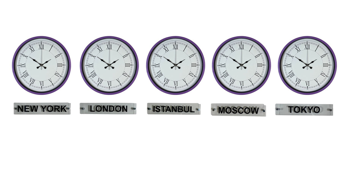 Modern Mor 36 Cm 5 li Tabealalı Dünya Saatleri