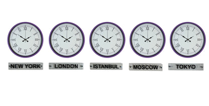 Modern Mor 36 Cm 5 li Tabealalı Dünya Saatleri