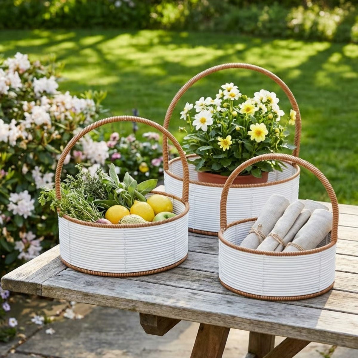 BUFFER® 3 Boy İç İçe Geçebilen Plastik Rattan Sepetler–Beyaz Renkli,Kahverengi Saplı, Çok Amaçlı Düzenleyici ve Sunum Sepeti Seti