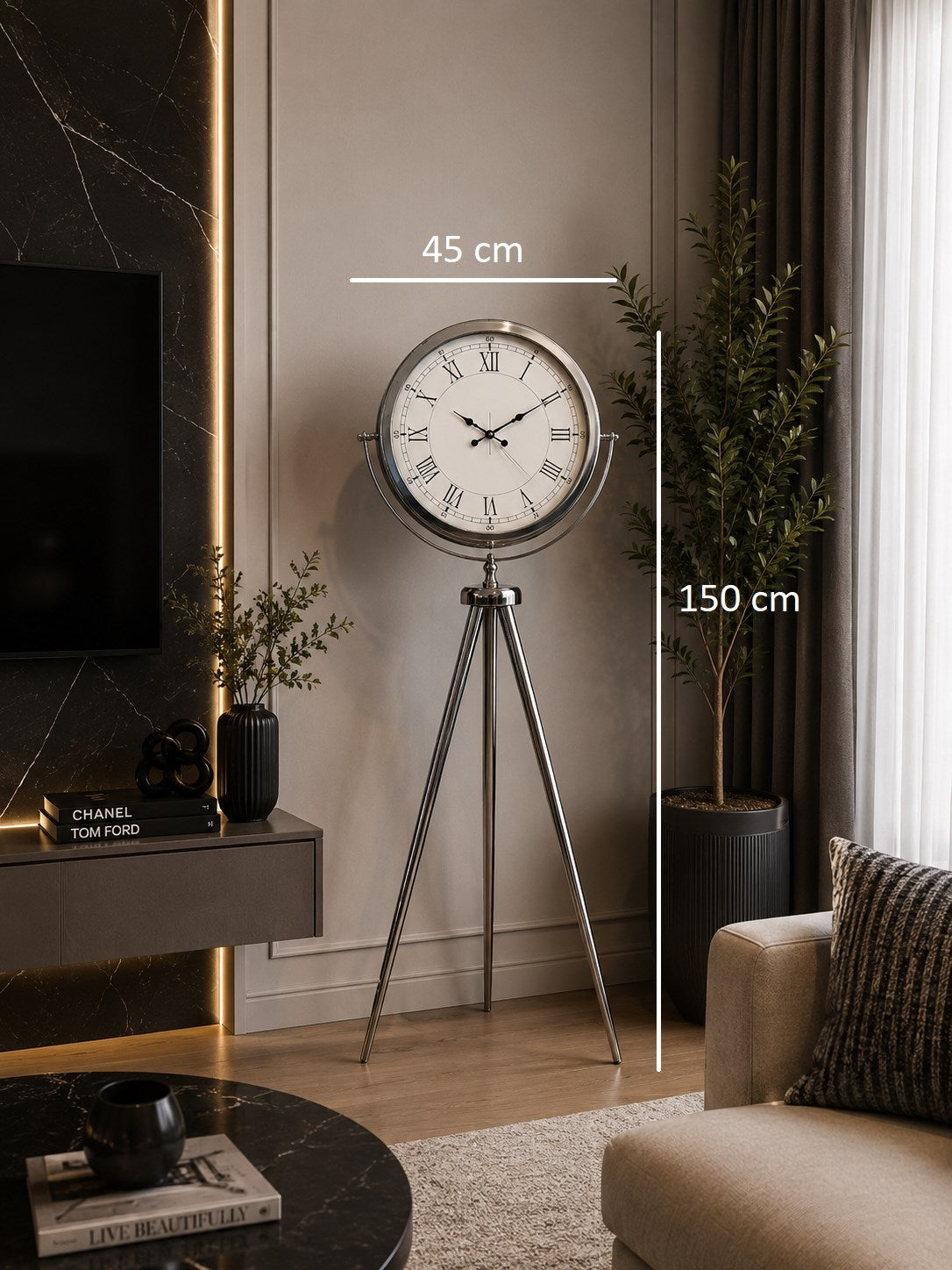 Krom Asalet 150 x 45 Cm Tripod Ayaklı Saat