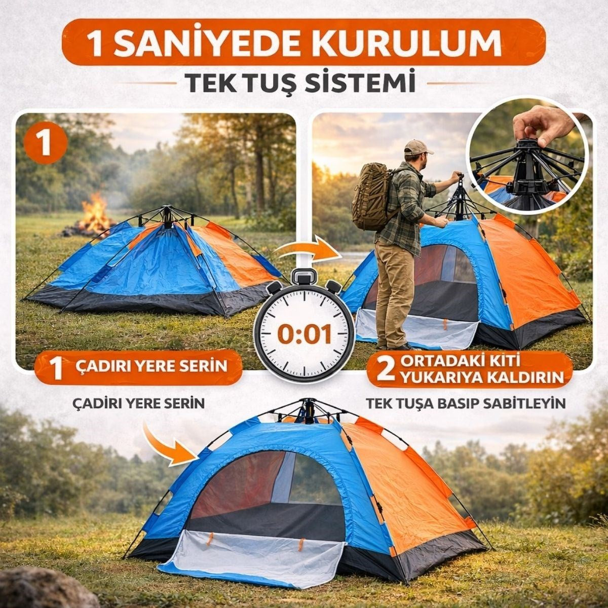 BUFFER® 8 Kişilik Otomatik Kurulum Kamp Çadırı – Outdoor, Suya Dayanıklı Hızlı Kurulum Piknik ve Doğa İçin Geniş Aile Çadırı 250x250x165 cm