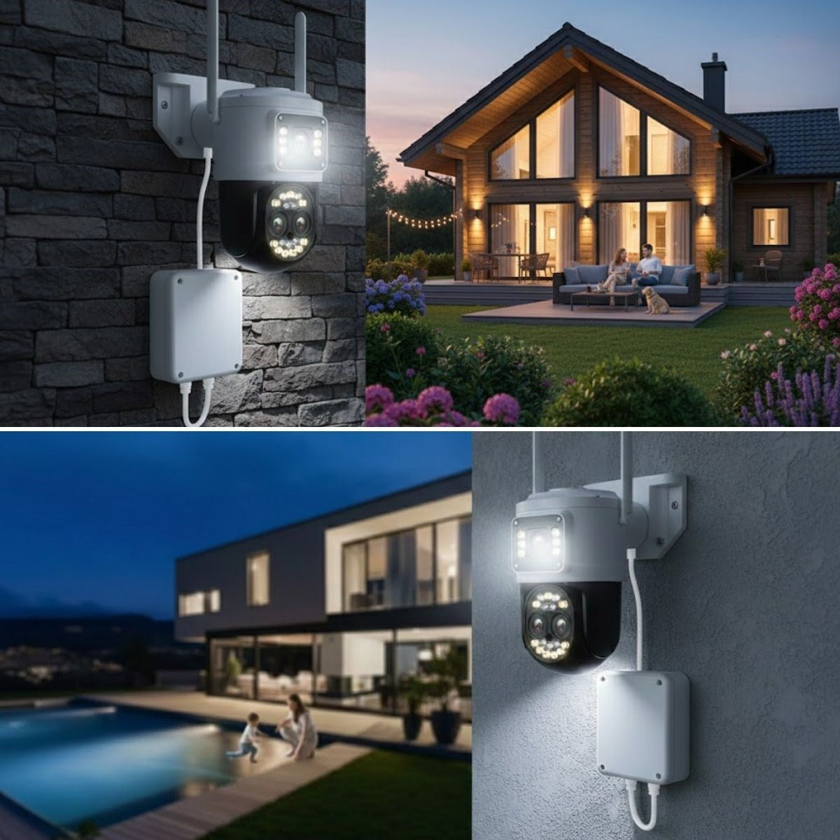 BUFFER® 3 Kameralı Kablolu Akıllı Güvenlik Kamerası – 360° PTZ Hareketli, Çift Antenli, WiFi IP, Gece Görüşlü Dış Mekan Kamera