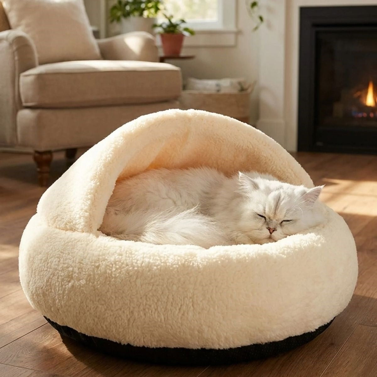 BUFFER® Yarı Açık Yuvarlak Peluş Kedi ve Köpek Yatağı – Kaymaz Taban Tüylü Pet Pufu,Uyku Minderi