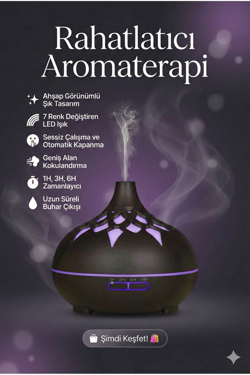 Aroma Difüzör Gece Işığı 7 Led DESENLİ Nemlendirici Kumandalı Buhar Makinesi 550 ml