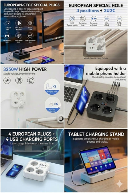 AKIM KORUMALI Avrupa Soket Kartı Tip-C Usb 2 m Uzatma Kablosu Emniyet Anahtarı ile