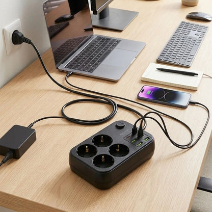 BUFFER® Çoklu Priz Uzatma Kablosu 4 Soket + 4 USB + 2 Type-C – Termal Akım Korumalı, Isıya Dayanıklı, Çocuk Korumalı Güvenli Priz 100-250V