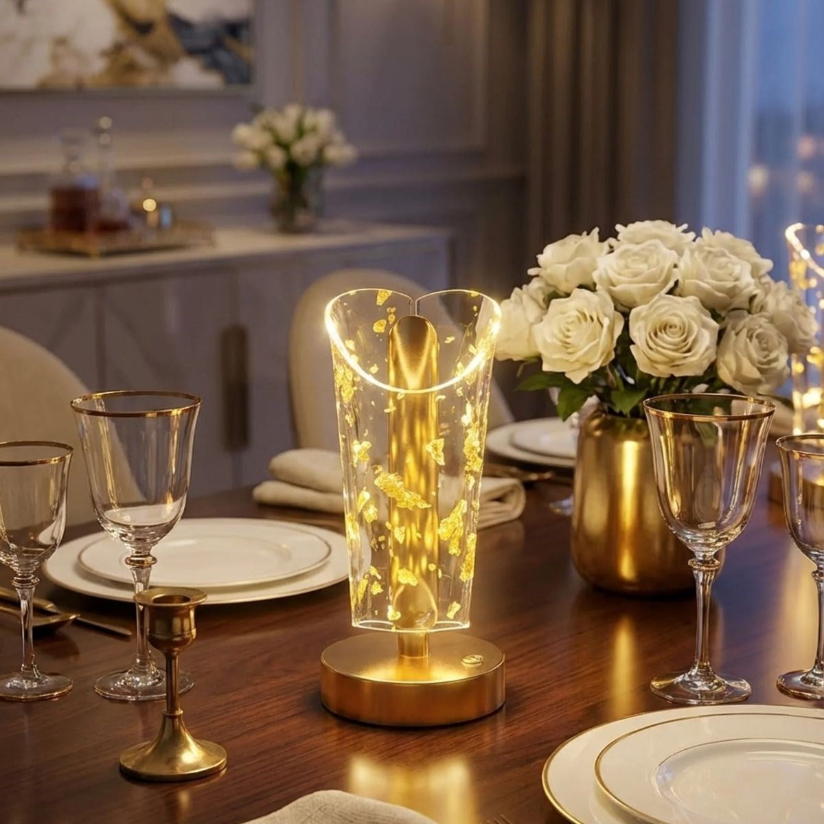 Açık Silindirik Kristal Altın Toz Model LED Masa Lambası – Gold Tabanlı, Dokunmatik, 3 Renk Işık Modlu, Şarjlı Modern Dekoratif Gece Lambası (5643)