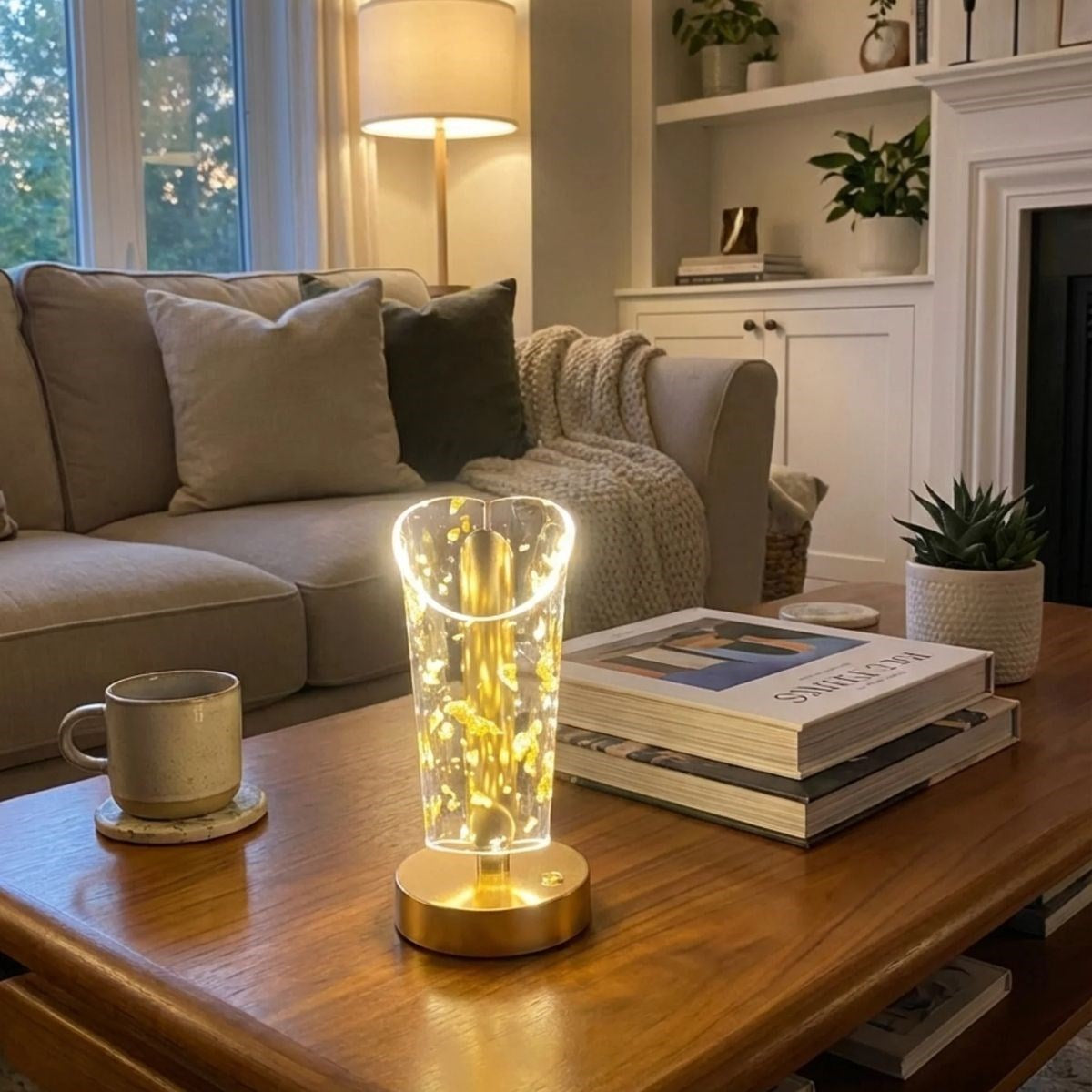 Açık Silindirik Kristal Altın Toz Model LED Masa Lambası – Gold Tabanlı, Dokunmatik, 3 Renk Işık Modlu, Şarjlı Modern Dekoratif Gece Lambası (5643)
