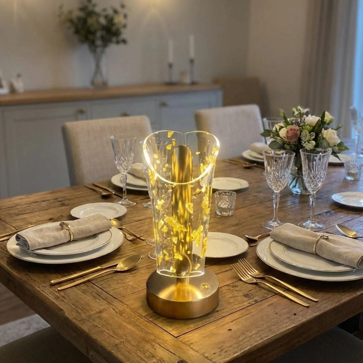 Açık Silindirik Kristal Altın Toz Model LED Masa Lambası – Gold Tabanlı, Dokunmatik, 3 Renk Işık Modlu, Şarjlı Modern Dekoratif Gece Lambası (5643)