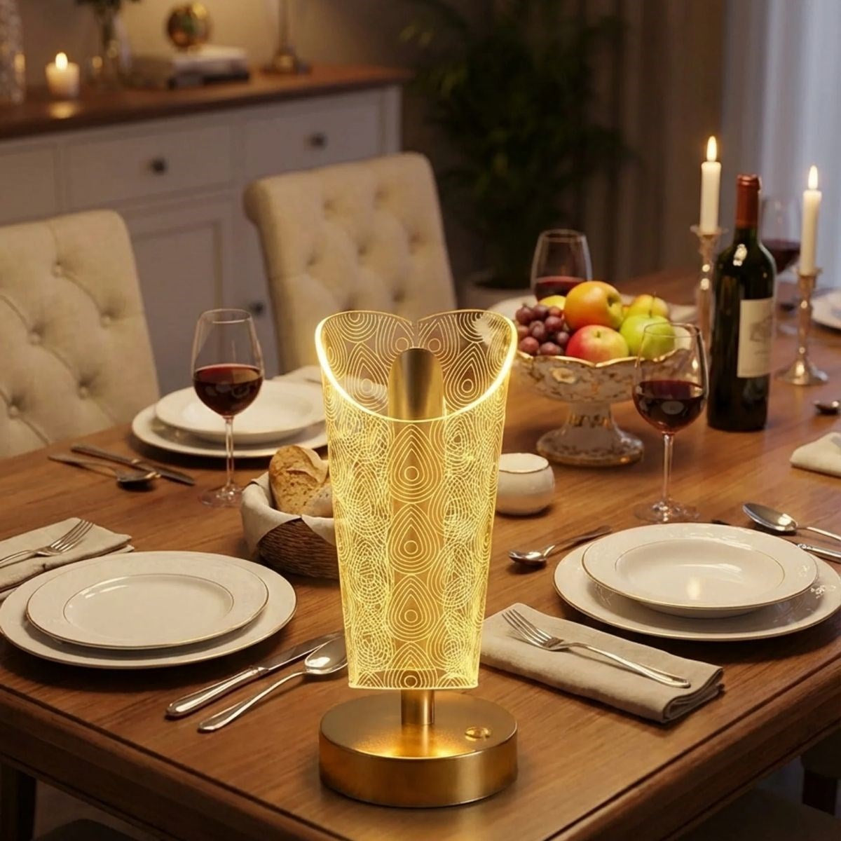 Açık Silindirik Kristal Damla Model LED Masa Lambası – Gold Tabanlı, Dokunmatik, 3 Renk Işık Modlu, Şarjlı Modern Dekoratif Gece Lambası (5643)