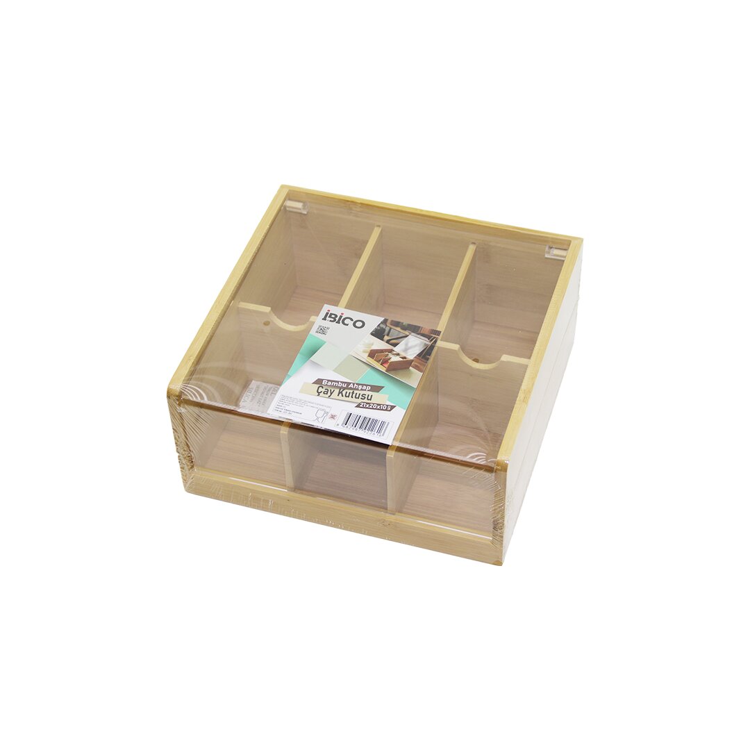 AHŞAP BAMBU 6 BÖLMELİ POŞET ÇAY KUTUSU MİKA PLASTİK KAPAK 21X20X10CM (5643)