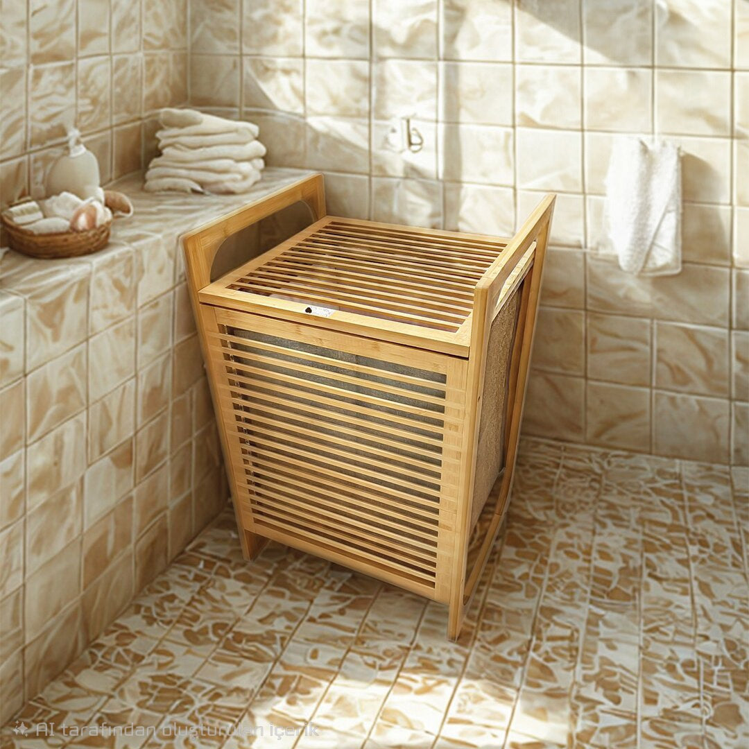 AHŞAP BAMBU KİRLİ ÇAMAŞIR SEPET KUMAŞ ÇANTALI SEPET=40X35X60CM (5643)