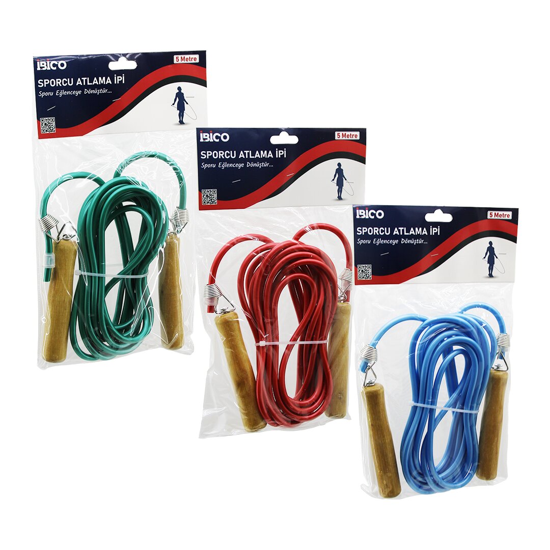 AHŞAP SAPLI PVC ATLAMA İPİ RENKLİ 5MT (5643)
