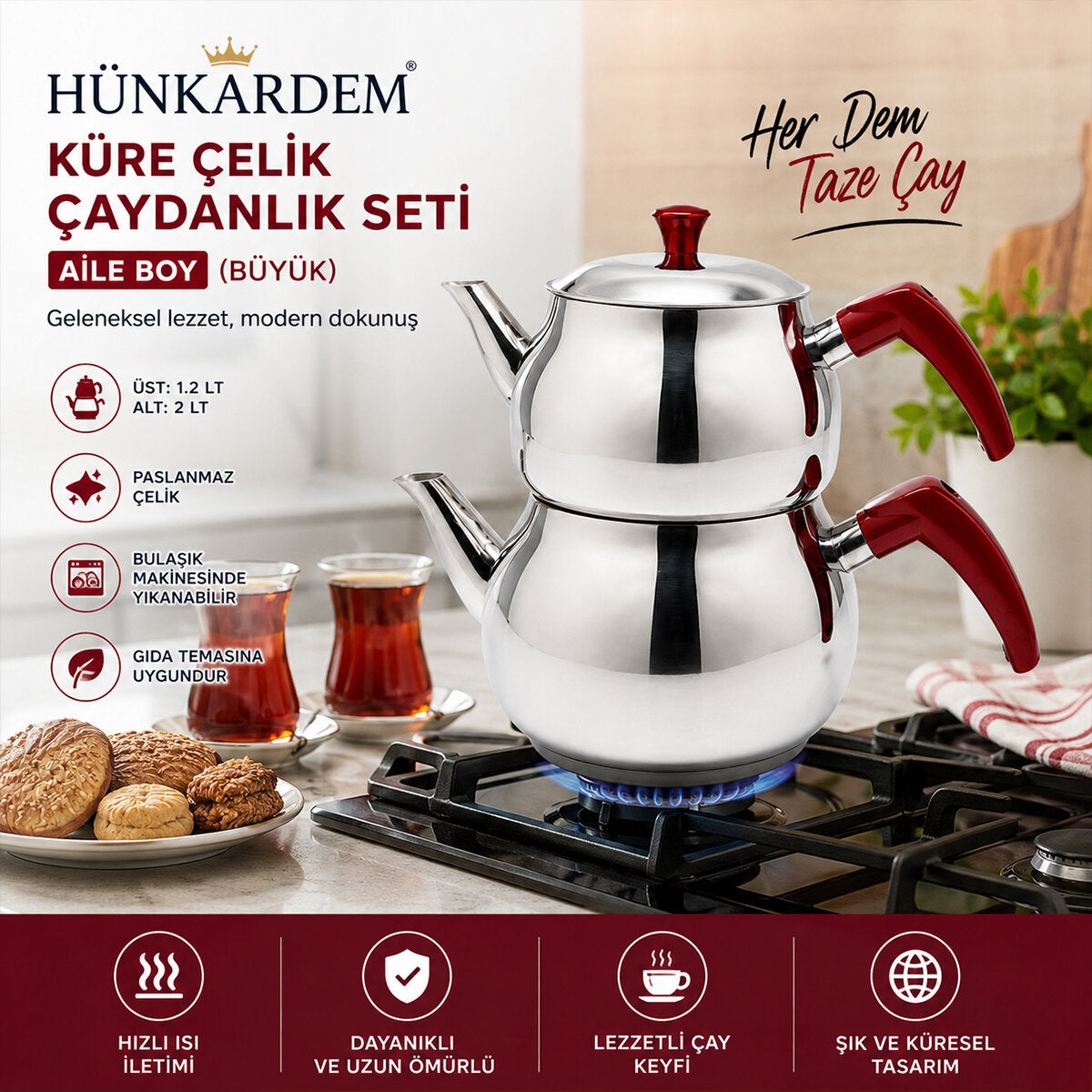 AİLE BÜYÜK BOY KÜRE ÇELİK ÇAYDANLIK SETİ ÜST: 1.2LT - ALT: 2LT (5643)
