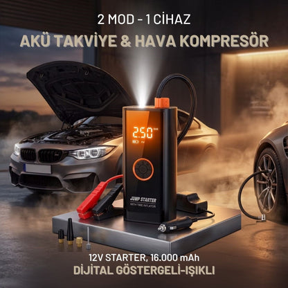 Akü Takviye Cihazı ve Lastik Şişirme Pompası – Powerbank Özellikli, Dijital Ekranlı SOS Fenerli Taşınabilir Kompresör (5643)