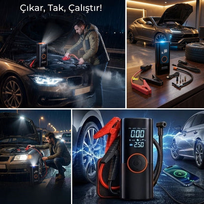 Akü Takviye Cihazı ve Lastik Şişirme Pompası – Powerbank Özellikli, Dijital Ekranlı SOS Fenerli Taşınabilir Kompresör (5643)