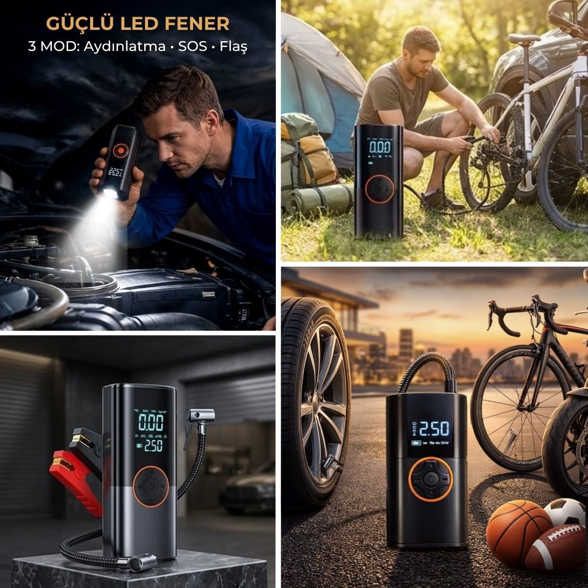 Akü Takviye Cihazı ve Lastik Şişirme Pompası – Powerbank Özellikli, Dijital Ekranlı SOS Fenerli Taşınabilir Kompresör (5643)