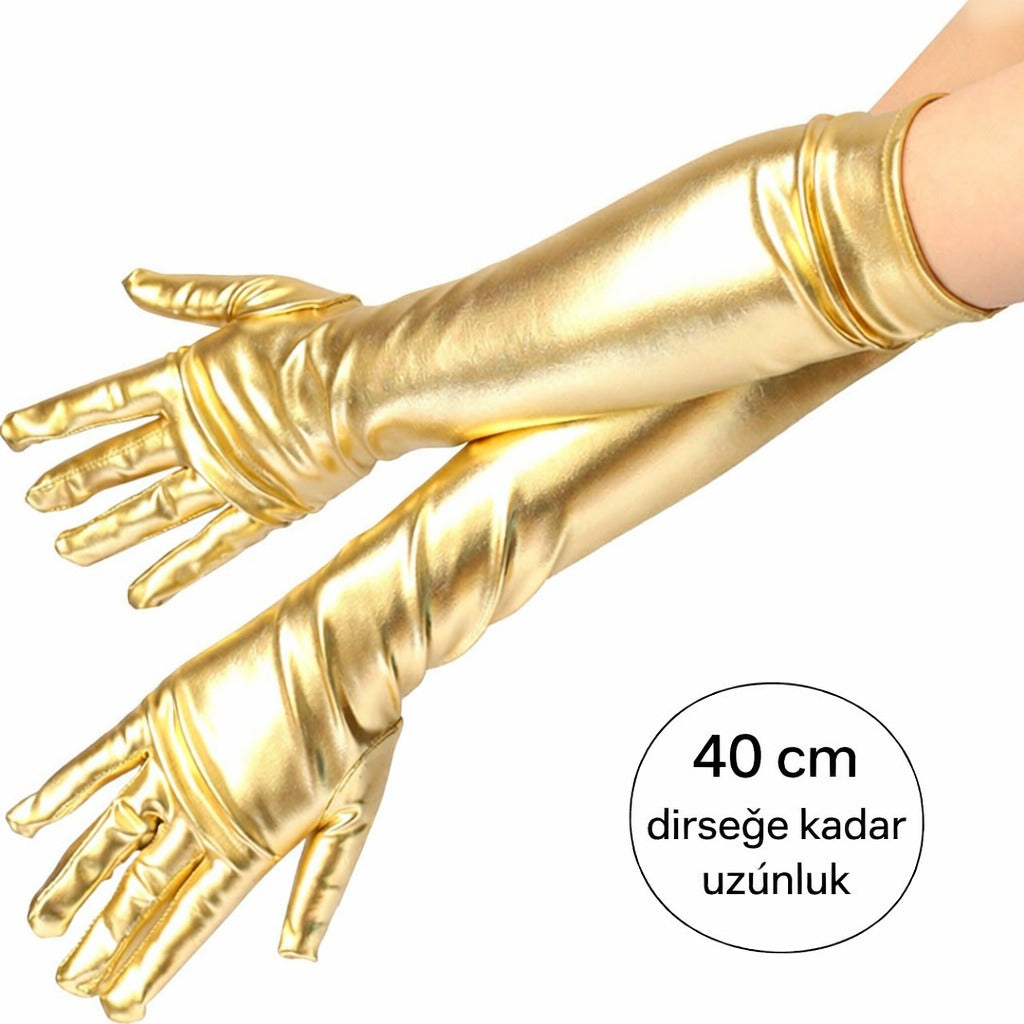 Altın Renk Dirsek Altı Lüks Saten Eldiven 40 cm (5643)