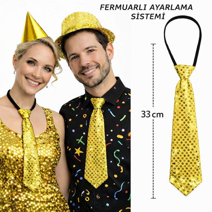 Altın Renk Pul Payetli Işıltılı Parti Kravatı 33 cm (5643)