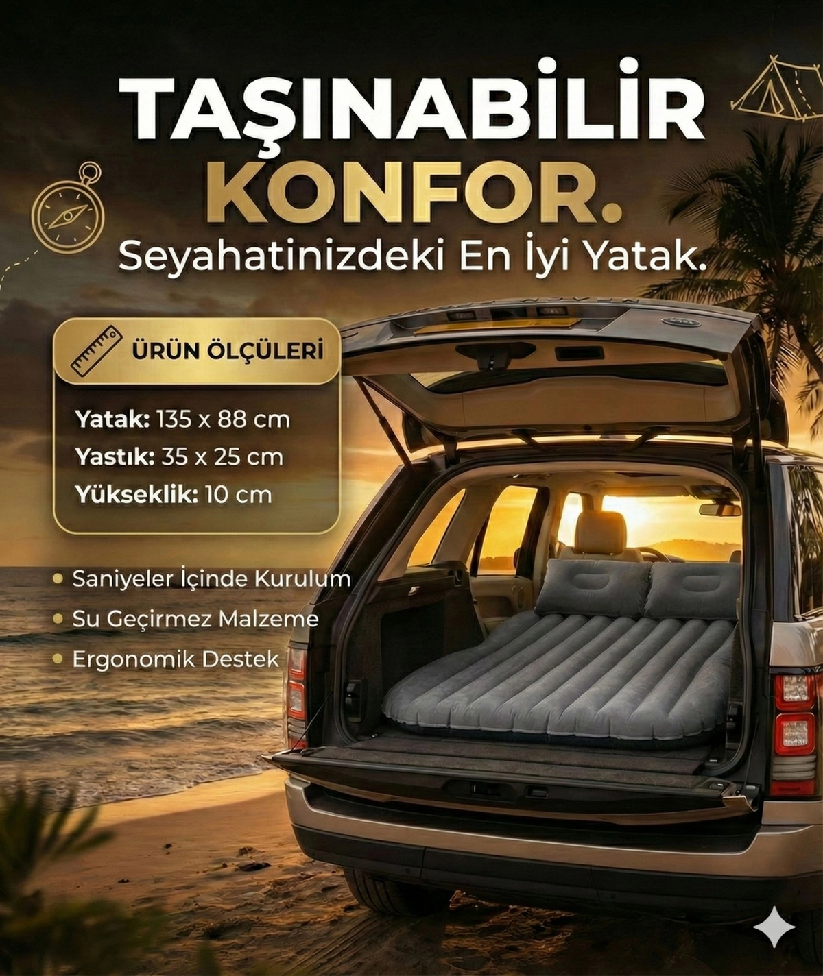 Araç İçi Şişme Yatak Araba Ve Kamp Yatağı Çanta Elektrikli Pompa Tamir Kiti Ve Yastıklı Yatak Seti