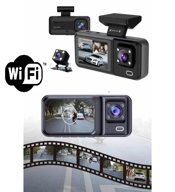 Araç Kamerası - 3 Kameralı Wifi Ön, İç Ve Arka Full Hd Dvr Araç İçi Ekranlı Kamera